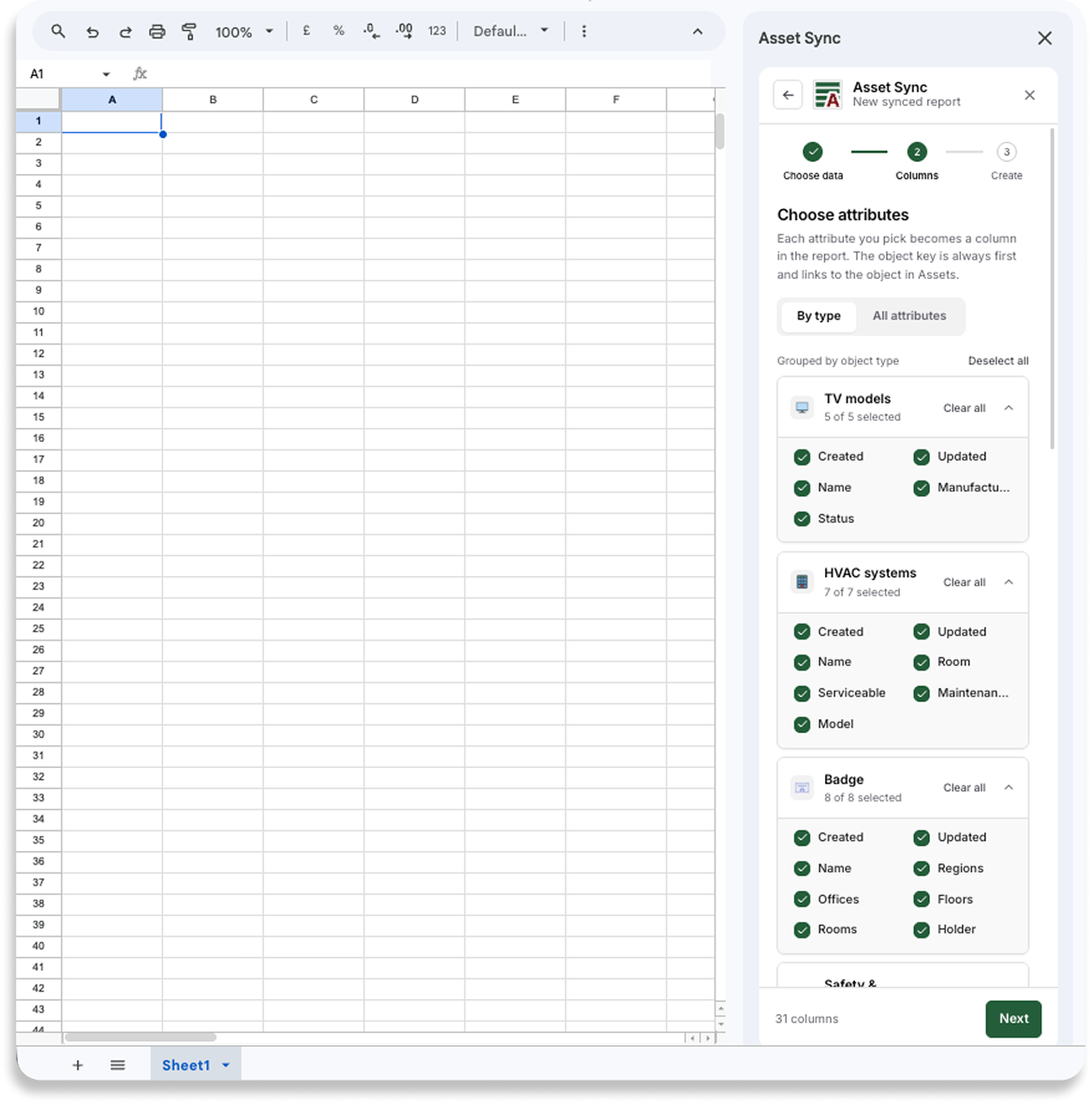 Asset Sync sidebar: Choose the columns