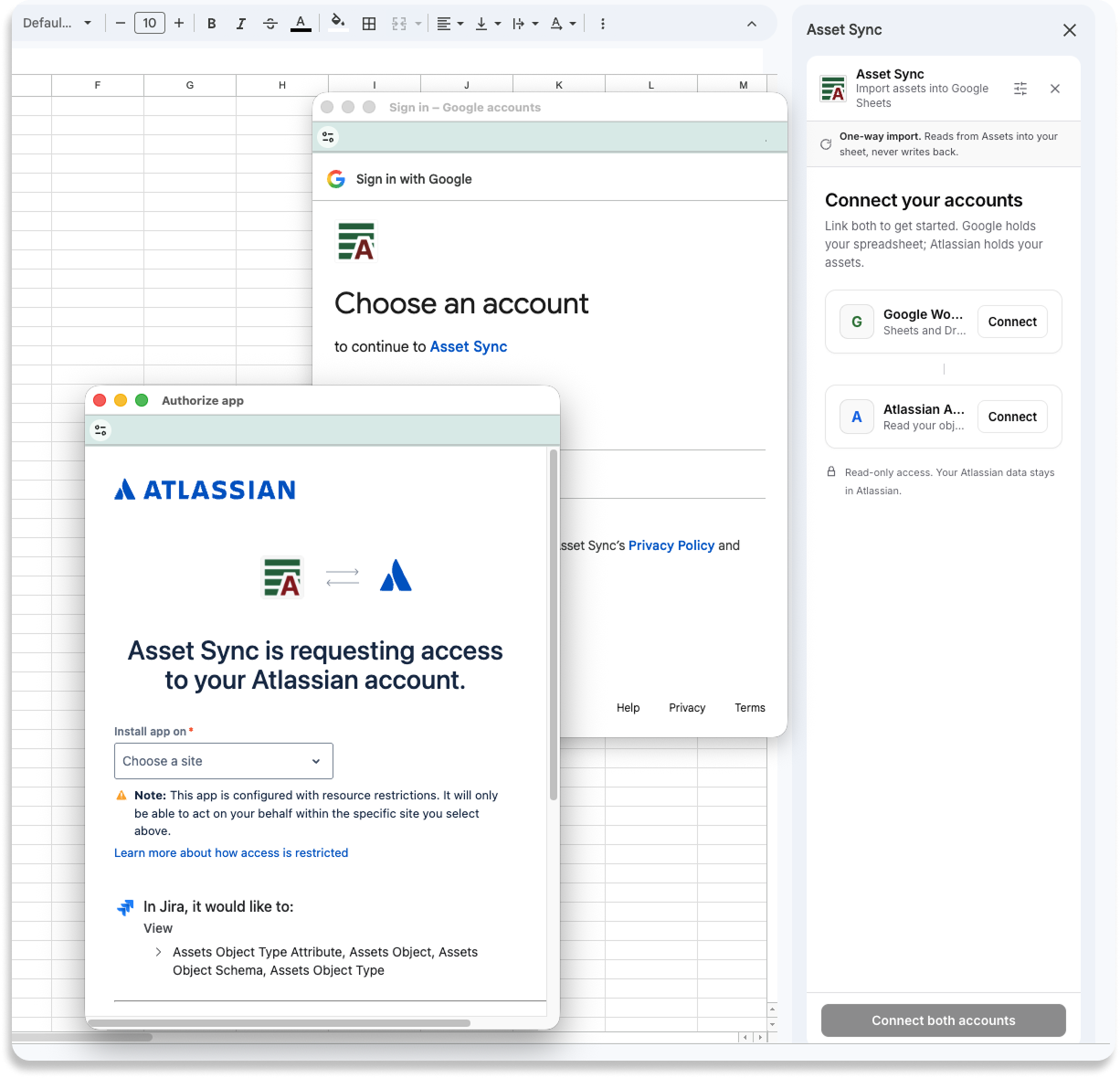Asset Sync sidebar: Connect your accounts