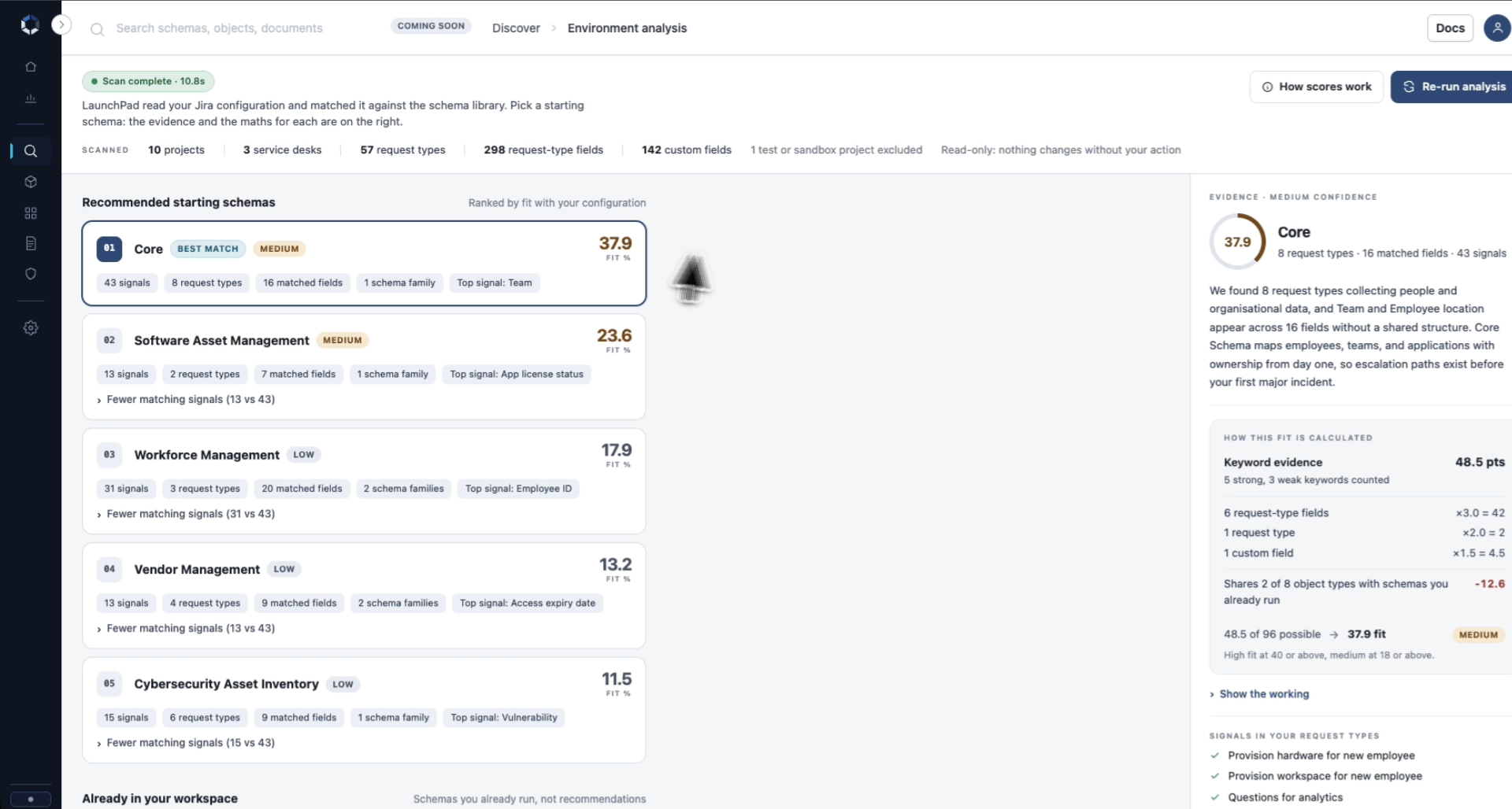 Example environment analysis output, the kind of review used during a Jira Service Management engagement