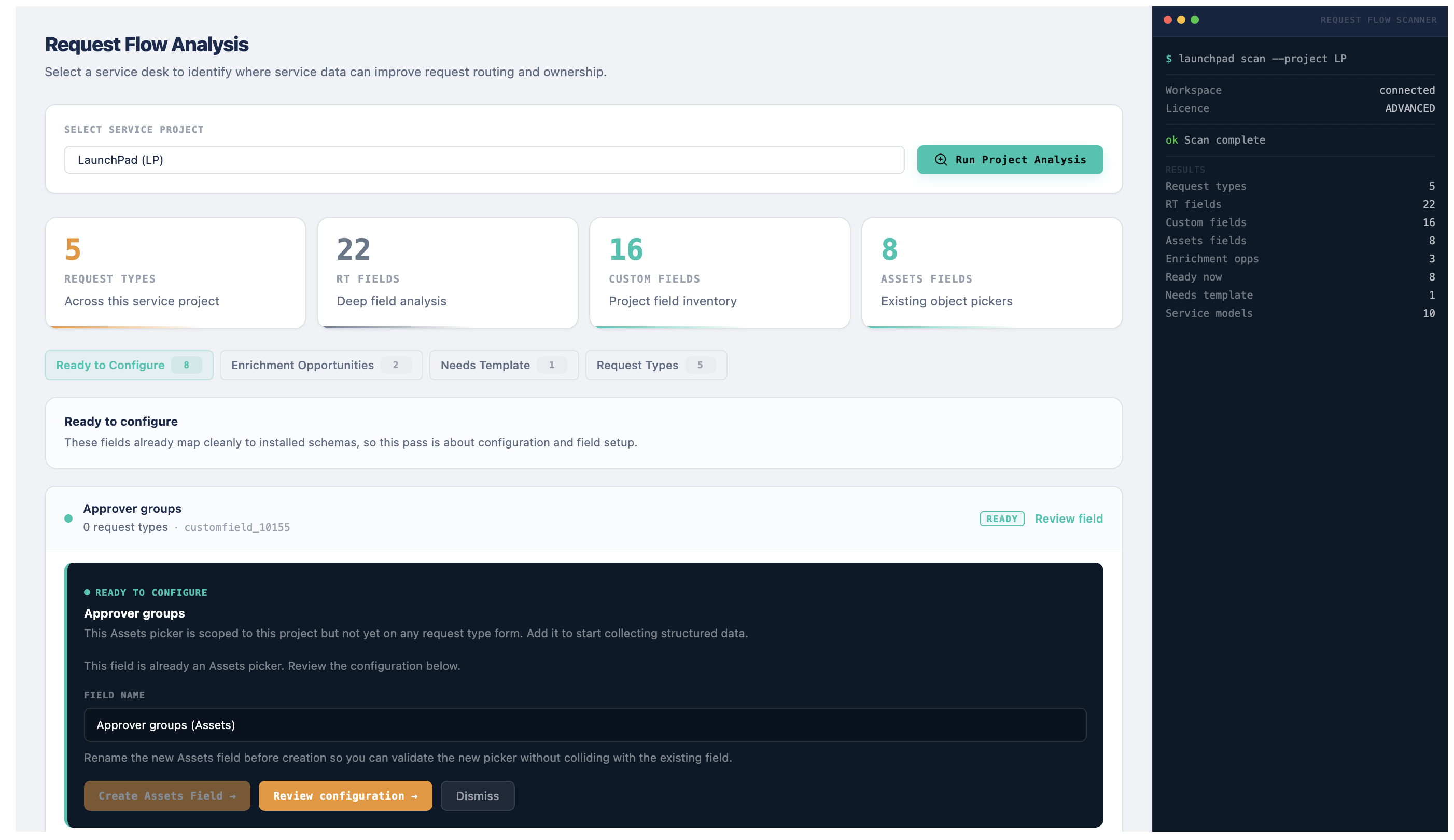 LaunchPad Request Flow Analysis showing fields that can be connected to Jira Assets structure