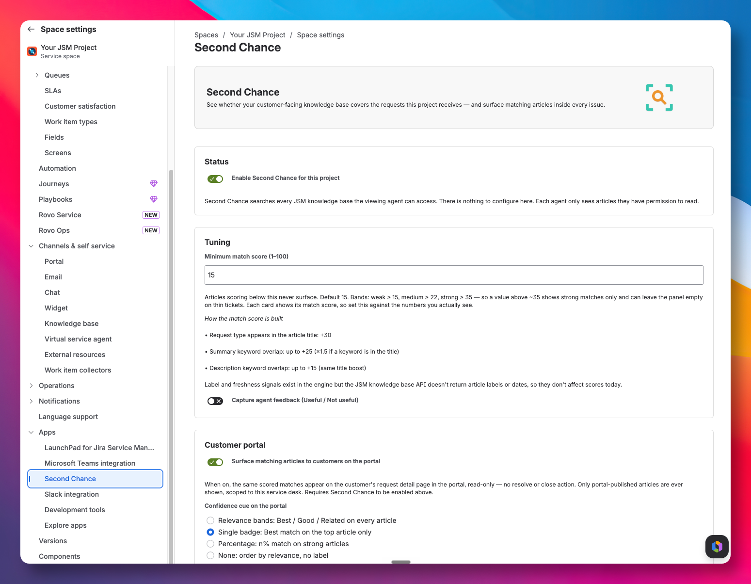 Second Chance settings in Jira Service Management, showing Second Chance enabled with a minimum match score and scoring breakdown for a project.